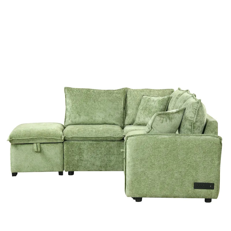 L-Shaped Sectional Pull Out Sofa 4-Seater Convertible Couch with 2 USB Ports Power Sockets and Movable Storage Ottoman