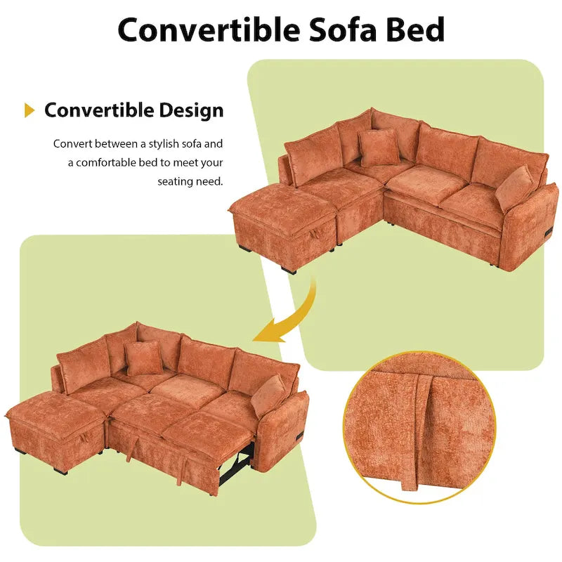 L-Shaped Sectional Pull Out Sofa 4-Seater Convertible Couch with 2 USB Ports Power Sockets and Movable Storage Ottoman