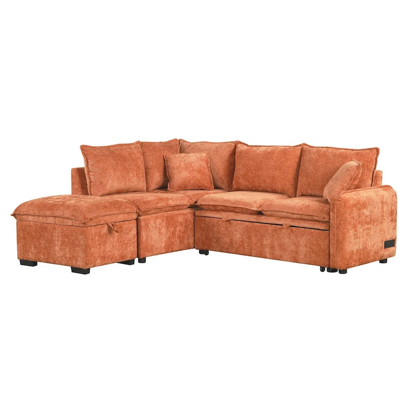 L-Shaped Sectional Pull Out Sofa 4-Seater Convertible Couch with 2 USB Ports Power Sockets and Movable Storage Ottoman