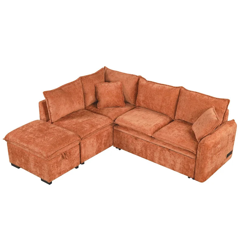 L-Shaped Sectional Pull Out Sofa 4-Seater Convertible Couch with 2 USB Ports Power Sockets and Movable Storage Ottoman