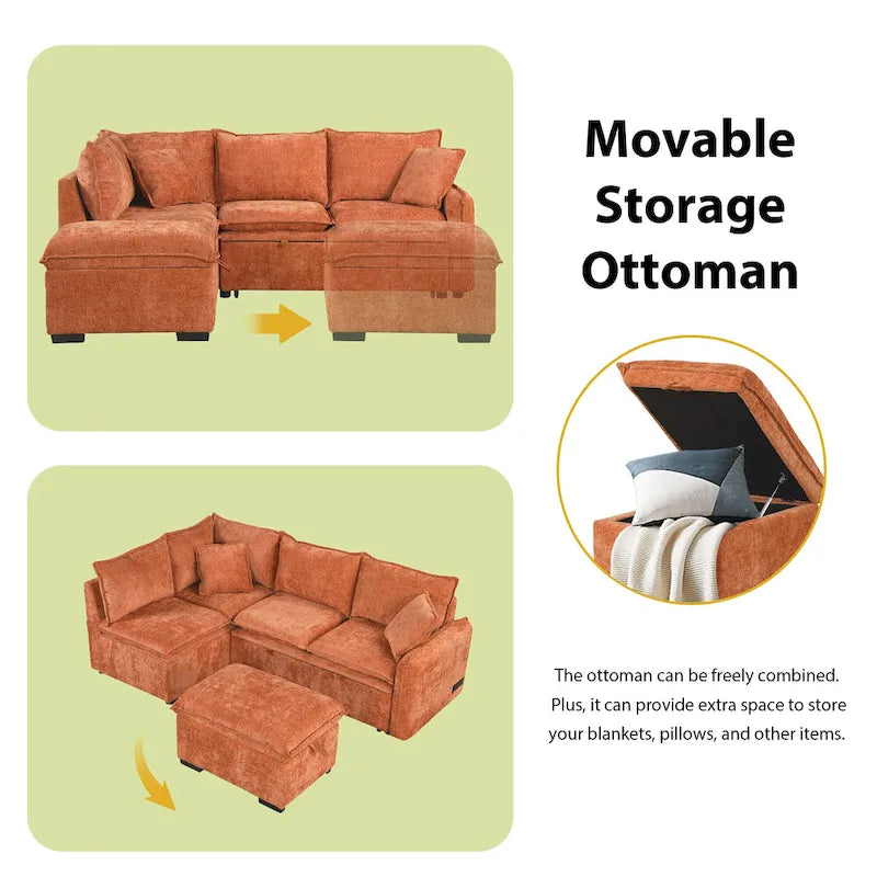 L-Shaped Sectional Pull Out Sofa 4-Seater Convertible Couch with 2 USB Ports Power Sockets and Movable Storage Ottoman