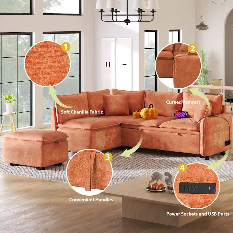 L-Shaped Sectional Pull Out Sofa 4-Seater Convertible Couch with 2 USB Ports Power Sockets and Movable Storage Ottoman