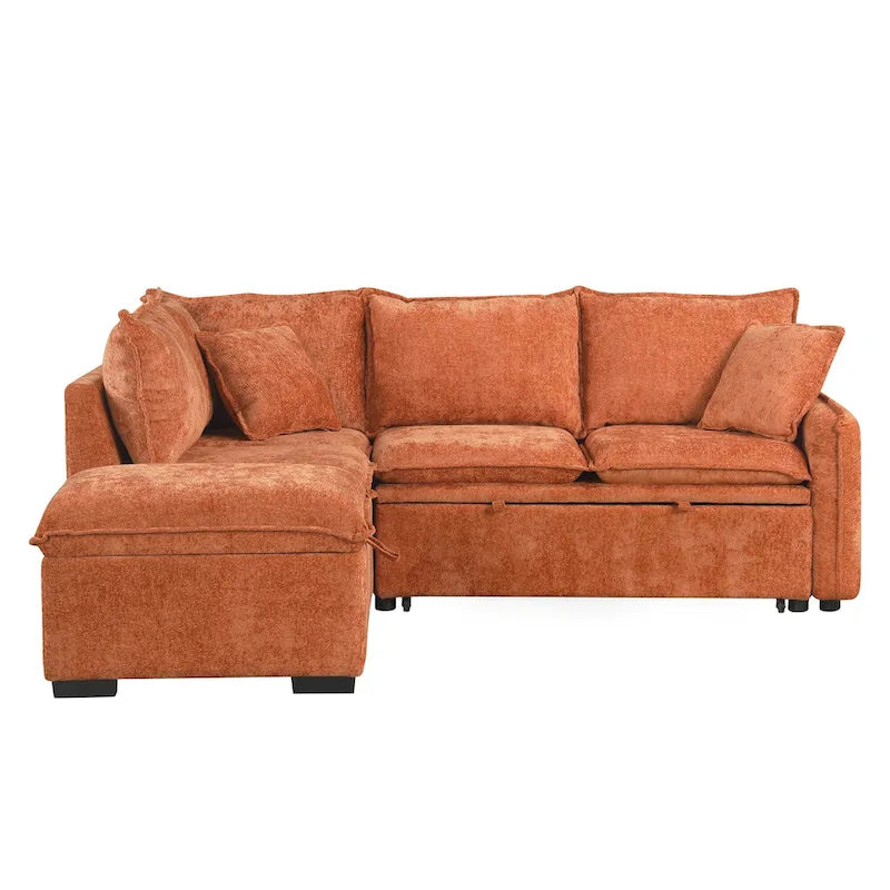 L-Shaped Sectional Pull Out Sofa 4-Seater Convertible Couch with 2 USB Ports Power Sockets and Movable Storage Ottoman