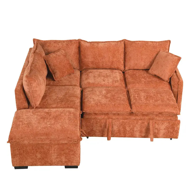 L-Shaped Sectional Pull Out Sofa 4-Seater Convertible Couch with 2 USB Ports Power Sockets and Movable Storage Ottoman