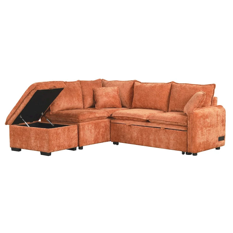 L-Shaped Sectional Pull Out Sofa 4-Seater Convertible Couch with 2 USB Ports Power Sockets and Movable Storage Ottoman