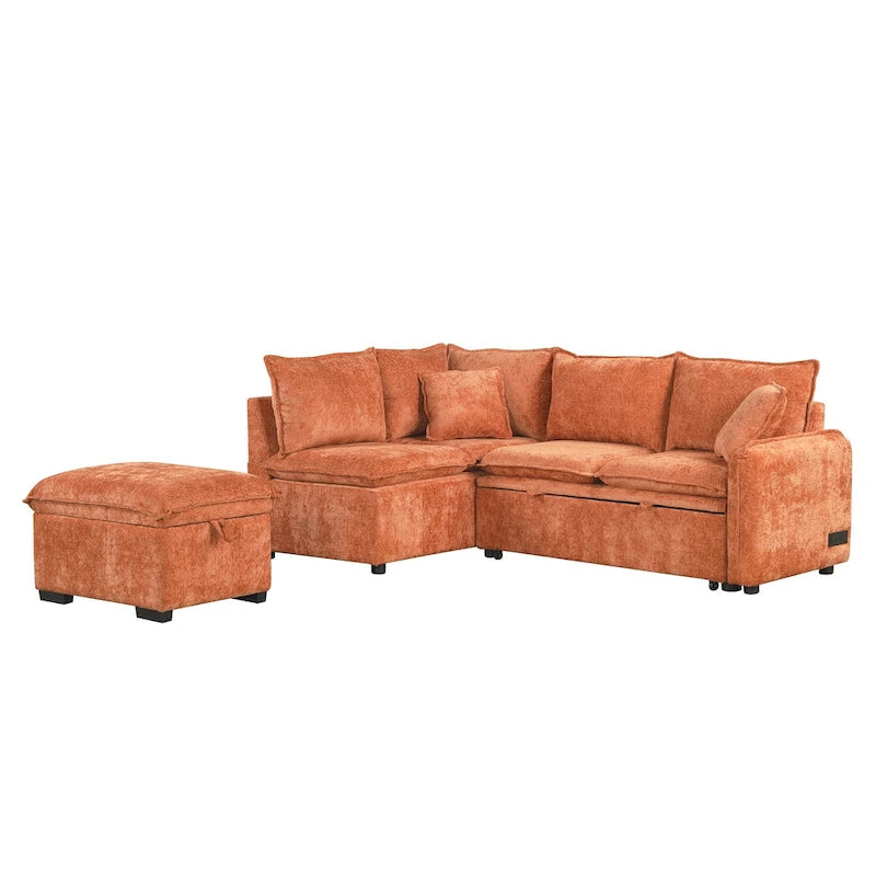 L-Shaped Sectional Pull Out Sofa 4-Seater Convertible Couch with 2 USB Ports Power Sockets and Movable Storage Ottoman