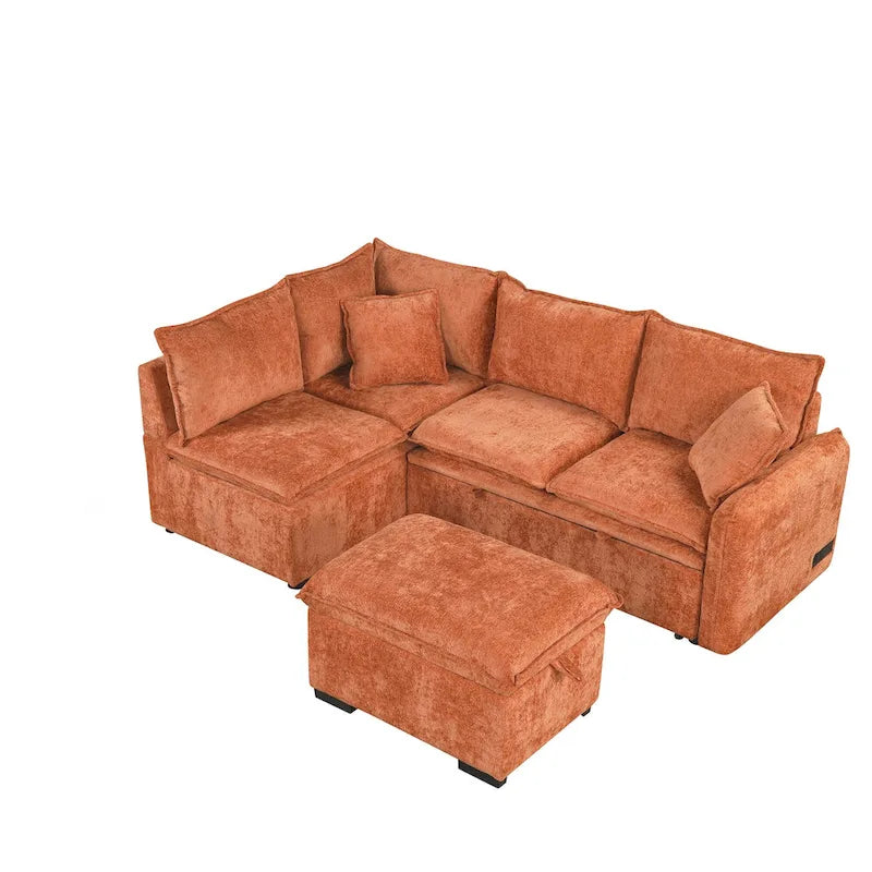 L-Shaped Sectional Pull Out Sofa 4-Seater Convertible Couch with 2 USB Ports Power Sockets and Movable Storage Ottoman
