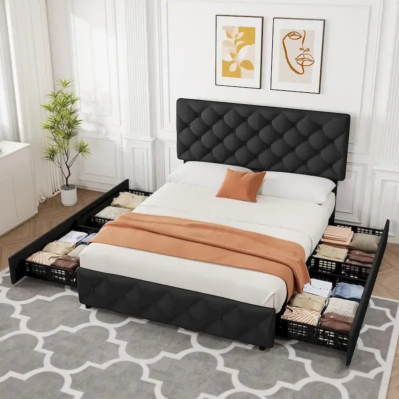 Linen Upholstered Platform Bed Frame with Adjustable Headboard