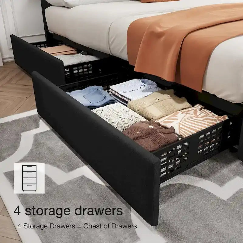 Linen Upholstered Platform Bed Frame with Adjustable Headboard