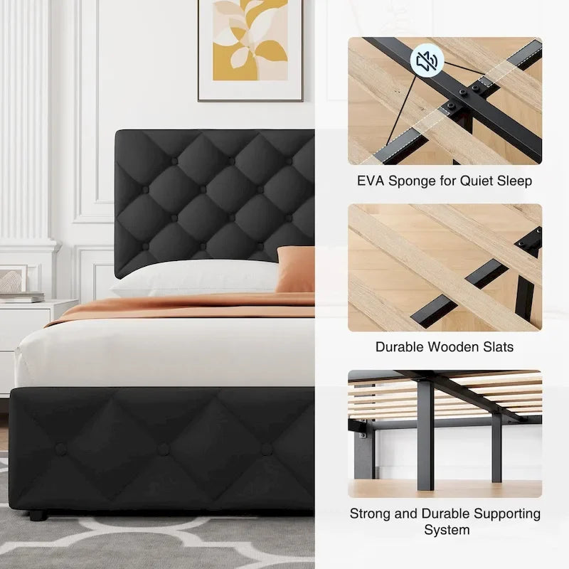 Linen Upholstered Platform Bed Frame with Adjustable Headboard