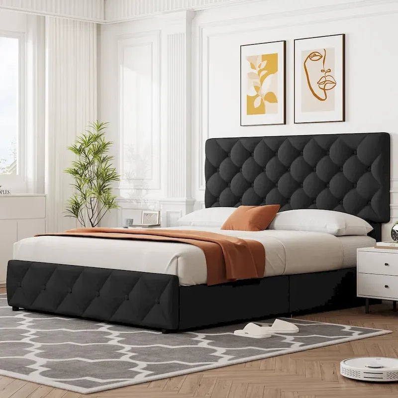 Linen Upholstered Platform Bed Frame with Adjustable Headboard