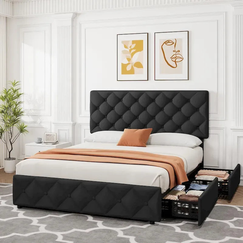 Linen Upholstered Platform Bed Frame with Adjustable Headboard