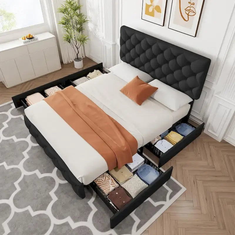 Linen Upholstered Platform Bed Frame with Adjustable Headboard