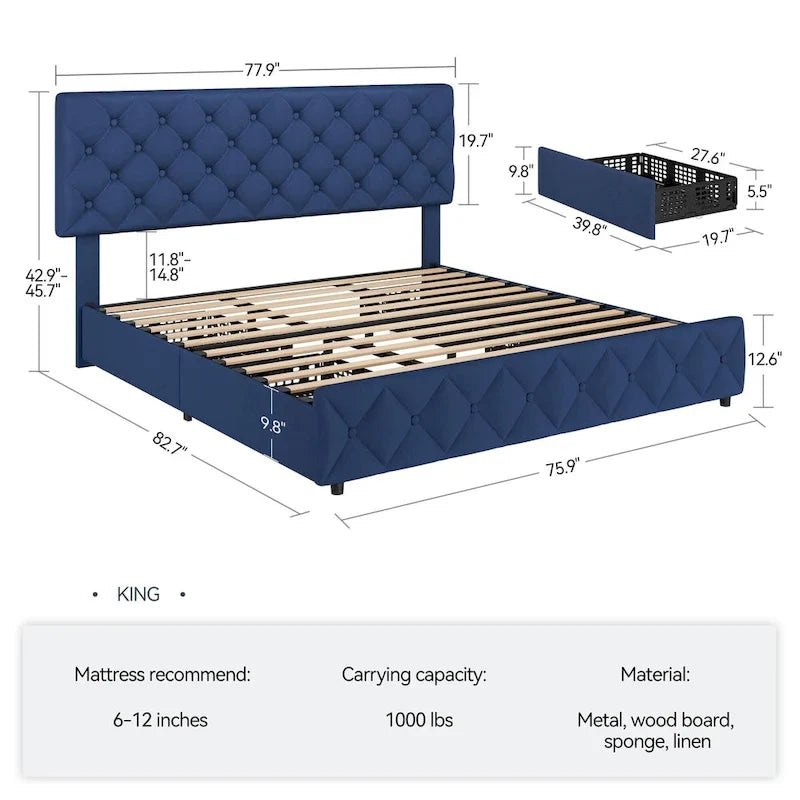 Linen Upholstered Platform Bed Frame with Adjustable Headboard