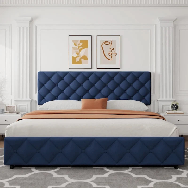Linen Upholstered Platform Bed Frame with Adjustable Headboard