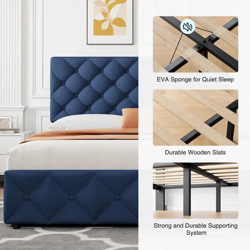 Linen Upholstered Platform Bed Frame with Adjustable Headboard