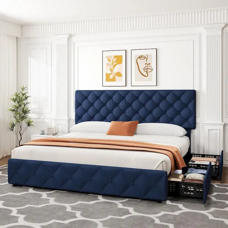 Linen Upholstered Platform Bed Frame with Adjustable Headboard