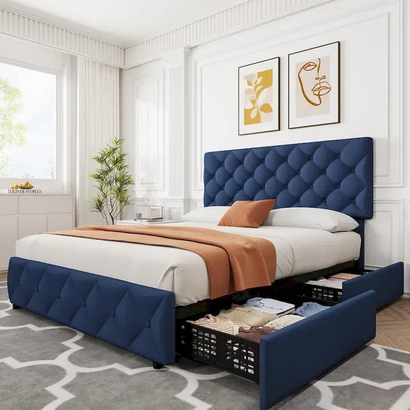 Linen Upholstered Platform Bed Frame with Adjustable Headboard