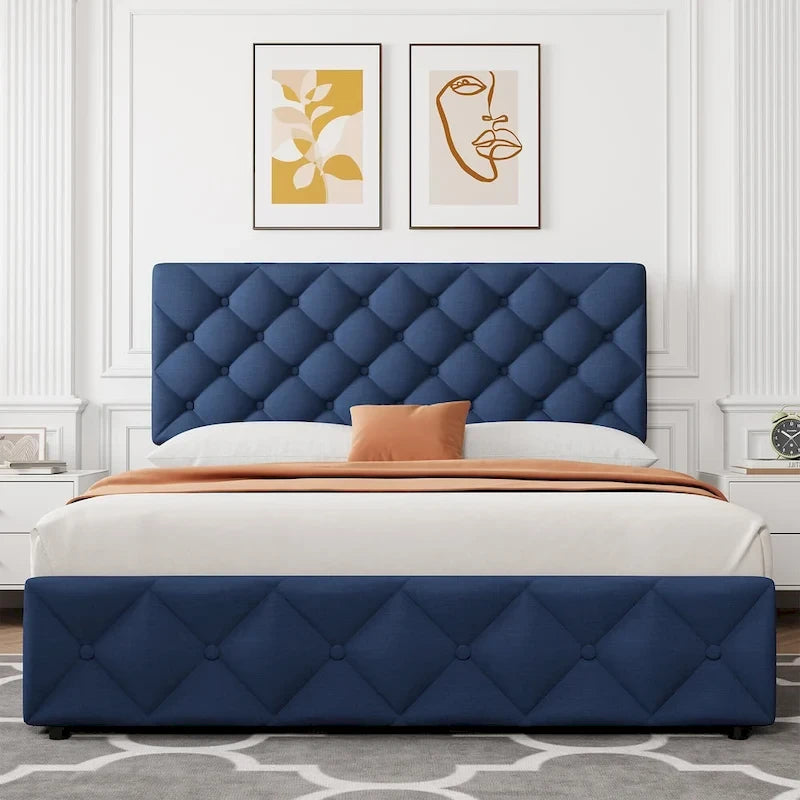 Linen Upholstered Platform Bed Frame with Adjustable Headboard