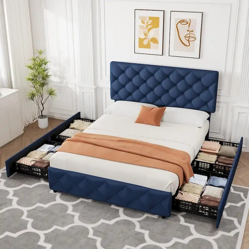 Linen Upholstered Platform Bed Frame with Adjustable Headboard