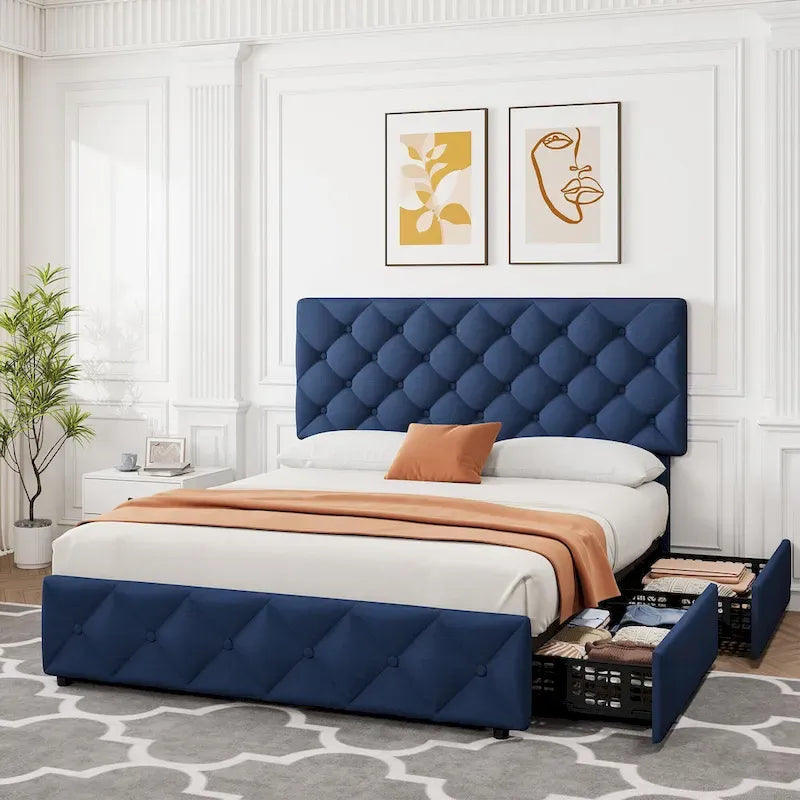Linen Upholstered Platform Bed Frame with Adjustable Headboard