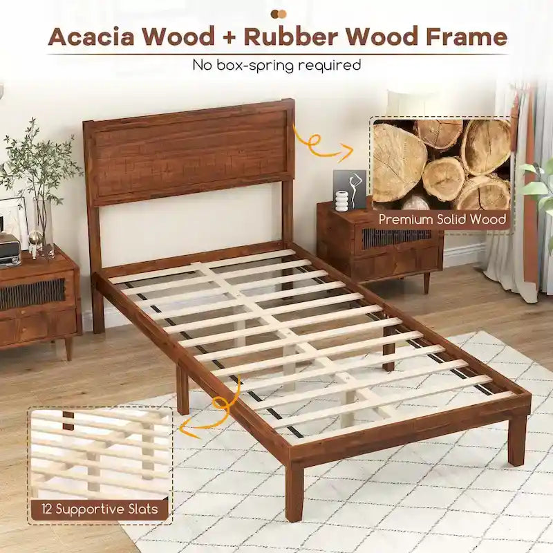 Gymax Twin/Full/Queen Bed Frame w/ Rustic Headboard Under-bed Storage