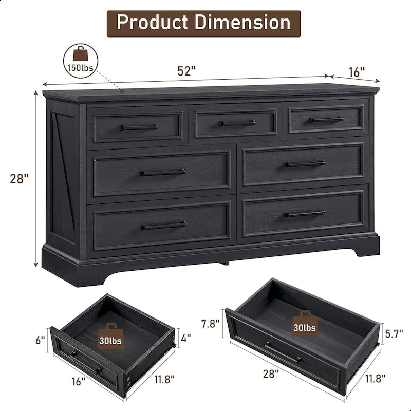 Farmhouse 7 Drawer Dresser for Bedroom, Chest of Drawers, TV Stand