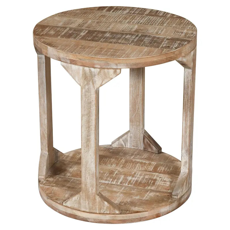 Two Tier Handmade Round End Table - 22 - Beige