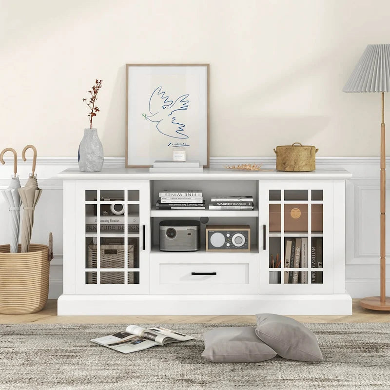 Gymax Farmhouse TV Stand for TVs up to 70 Media Center w/Glass Doors