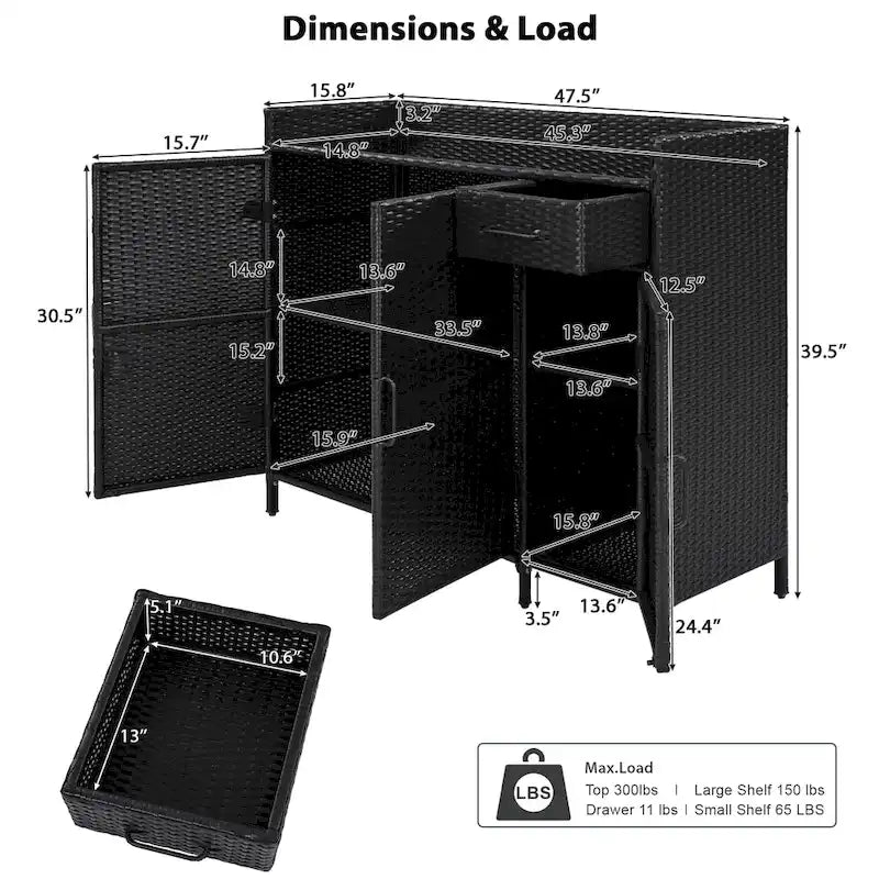 Wicker Outdoor Storage Cabinet Weather-proof Kitchen Island Rattan Bar Table with Tempered Glass Desktop and Drawer Pool Toys