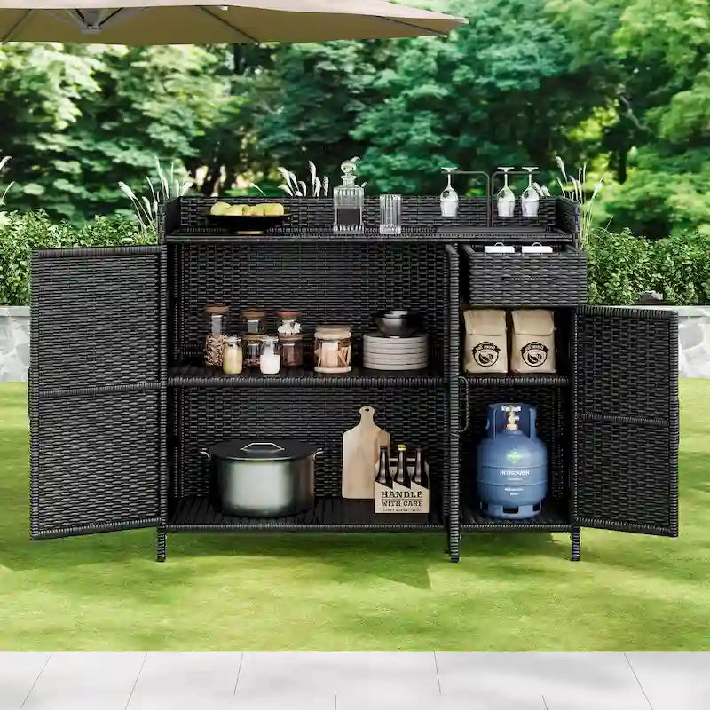Wicker Outdoor Storage Cabinet Weather-proof Kitchen Island Rattan Bar Table with Tempered Glass Desktop and Drawer Pool Toys