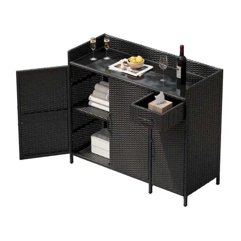 Wicker Outdoor Storage Cabinet Weather-proof Kitchen Island Rattan Bar Table with Tempered Glass Desktop and Drawer Pool Toys