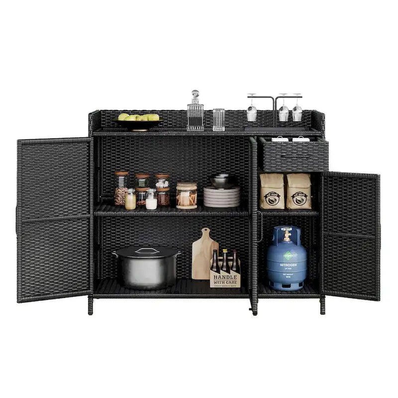 Wicker Outdoor Storage Cabinet Weather-proof Kitchen Island Rattan Bar Table with Tempered Glass Desktop and Drawer Pool Toys