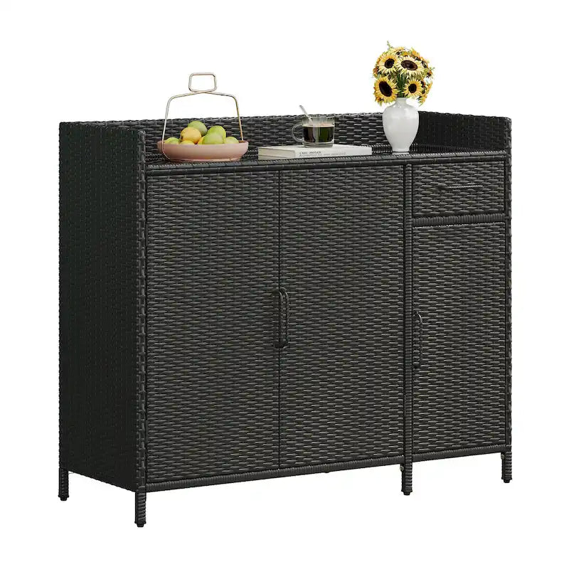 Wicker Outdoor Storage Cabinet Weather-proof Kitchen Island Rattan Bar Table with Tempered Glass Desktop and Drawer Pool Toys
