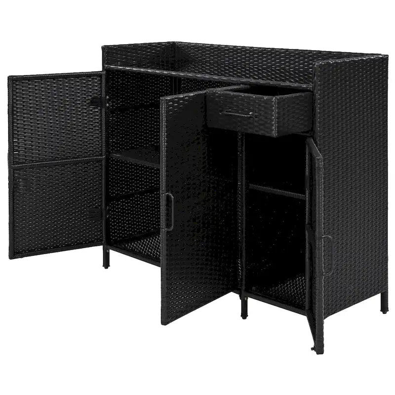 Wicker Outdoor Storage Cabinet Weather-proof Kitchen Island Rattan Bar Table with Tempered Glass Desktop and Drawer Pool Toys