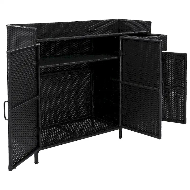 Wicker Outdoor Storage Cabinet Weather-proof Kitchen Island Rattan Bar Table with Tempered Glass Desktop and Drawer Pool Toys