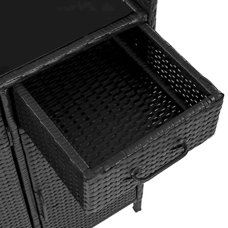 Wicker Outdoor Storage Cabinet Weather-proof Kitchen Island Rattan Bar Table with Tempered Glass Desktop and Drawer Pool Toys