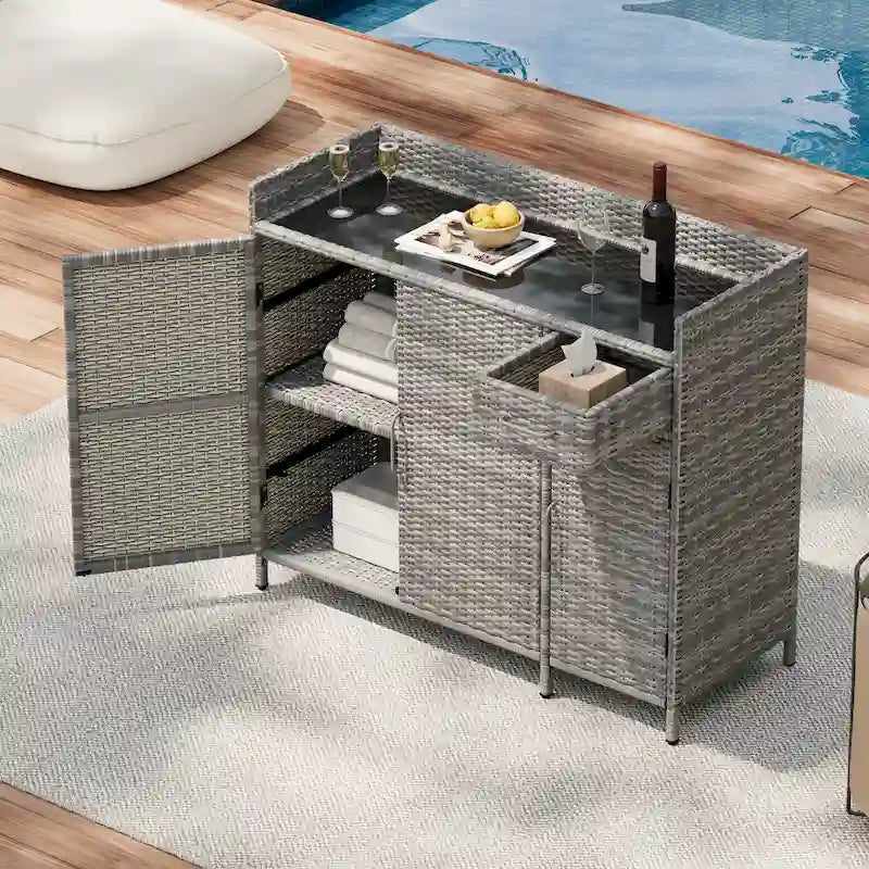 Wicker Outdoor Storage Cabinet Weather-proof Kitchen Island Rattan Bar Table with Tempered Glass Desktop and Drawer Pool Toys