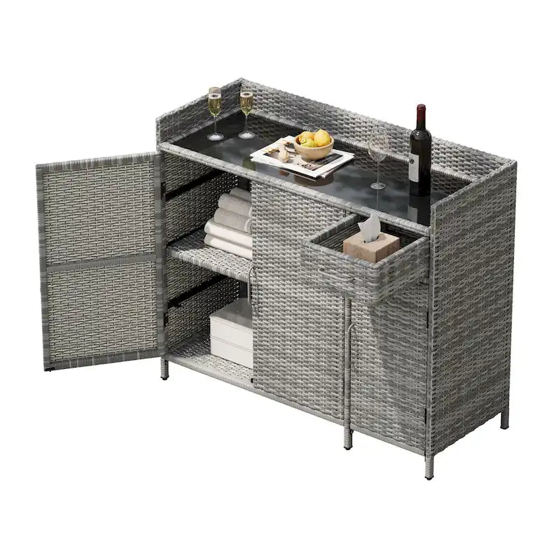 Wicker Outdoor Storage Cabinet Weather-proof Kitchen Island Rattan Bar Table with Tempered Glass Desktop and Drawer Pool Toys