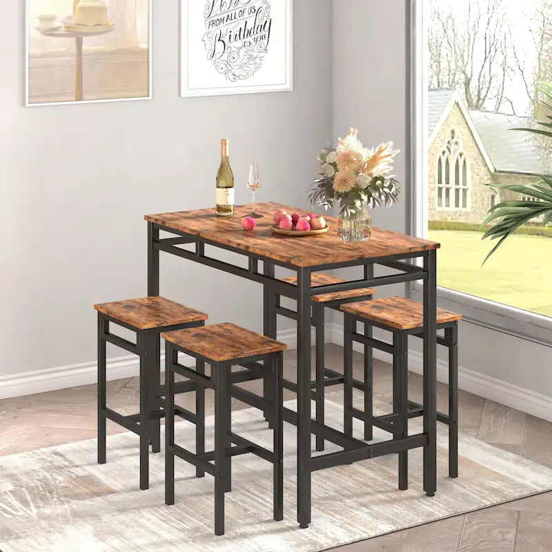 Counter Height Dining Table Set with 4 Bar Stools Metal Frame Vintage Wooden Tabletop Rectangular Dining Table, 5-Piece