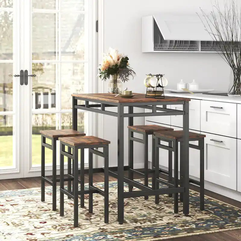 Counter Height Dining Table Set with 4 Bar Stools Metal Frame Vintage Wooden Tabletop Rectangular Dining Table, 5-Piece