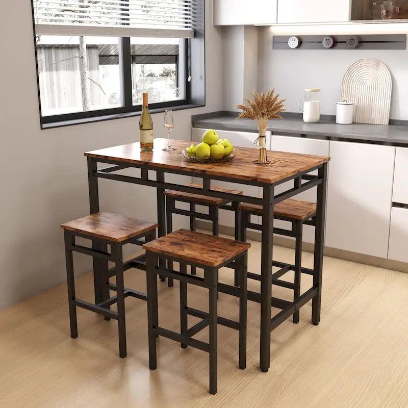 Counter Height Dining Table Set with 4 Bar Stools Metal Frame Vintage Wooden Tabletop Rectangular Dining Table, 5-Piece
