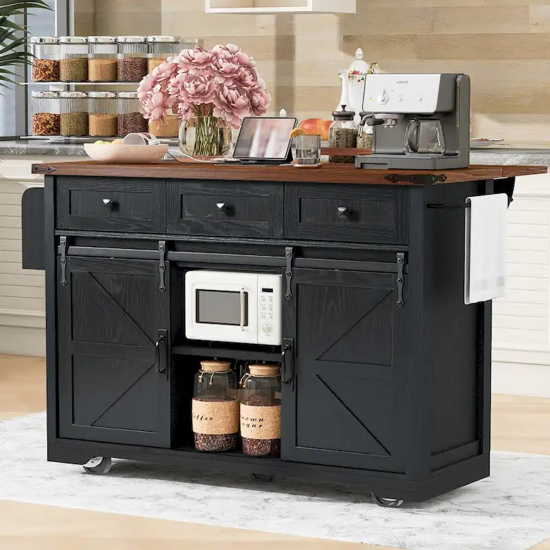 K&K Farmhouse Kitchen Island with Power Outlet, 2 Sliding Barn Door Kitchen Storage Island with Drop Leaf and Spice Rack