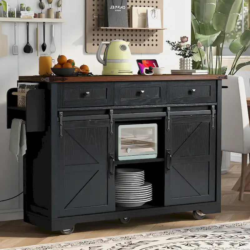 K&K Farmhouse Kitchen Island with Power Outlet, 2 Sliding Barn Door Kitchen Storage Island with Drop Leaf and Spice Rack
