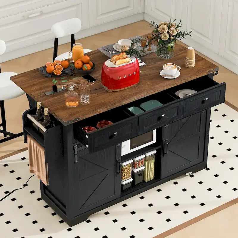 K&K Farmhouse Kitchen Island with Power Outlet, 2 Sliding Barn Door Kitchen Storage Island with Drop Leaf and Spice Rack