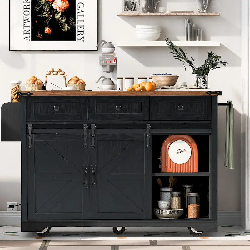 K&K Farmhouse Kitchen Island with Power Outlet, 2 Sliding Barn Door Kitchen Storage Island with Drop Leaf and Spice Rack