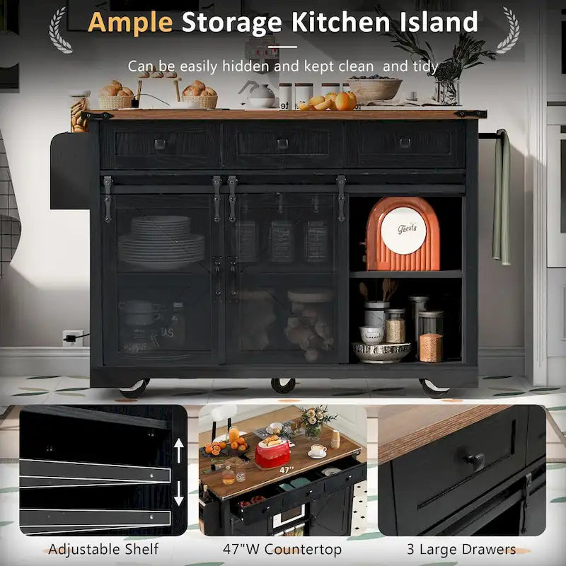 K&K Farmhouse Kitchen Island with Power Outlet, 2 Sliding Barn Door Kitchen Storage Island with Drop Leaf and Spice Rack