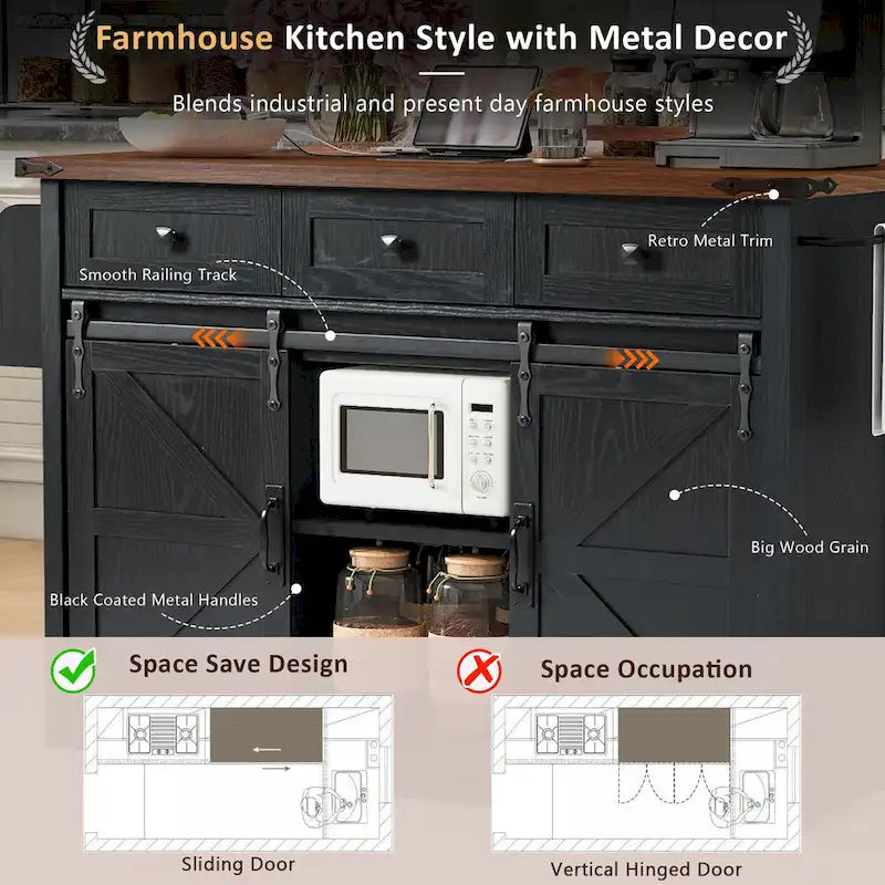 K&K Farmhouse Kitchen Island with Power Outlet, 2 Sliding Barn Door Kitchen Storage Island with Drop Leaf and Spice Rack