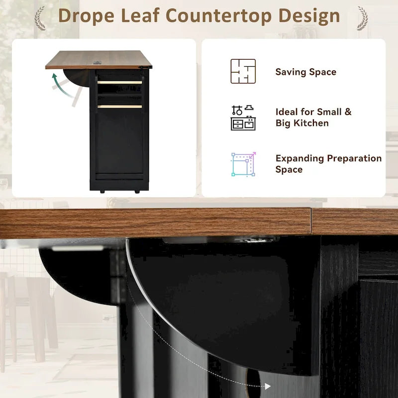 K&K Farmhouse Kitchen Island with Power Outlet, 2 Sliding Barn Door Kitchen Storage Island with Drop Leaf and Spice Rack