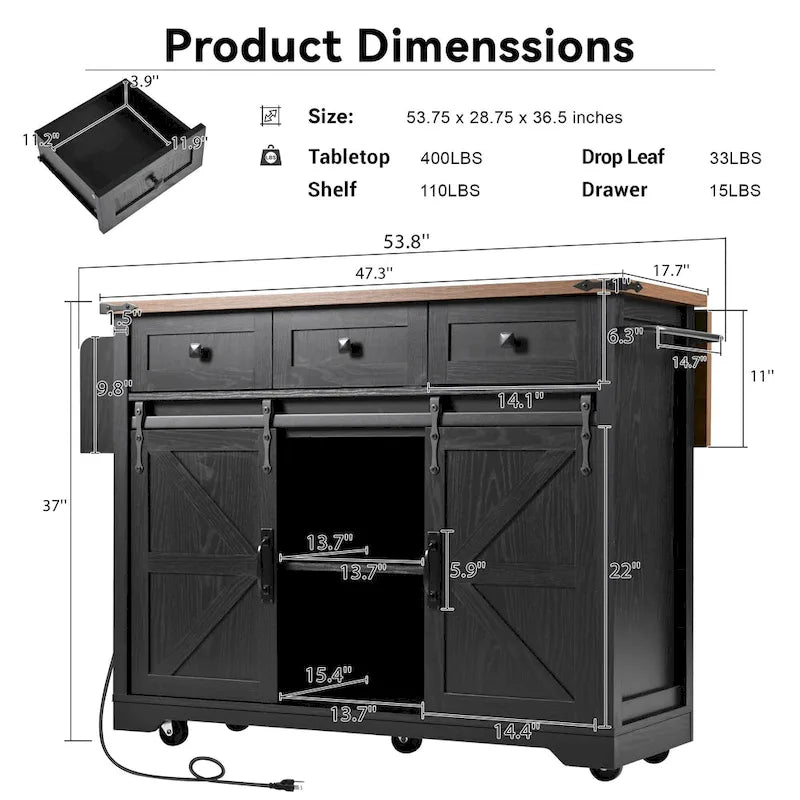 K&K Farmhouse Kitchen Island with Power Outlet, 2 Sliding Barn Door Kitchen Storage Island with Drop Leaf and Spice Rack